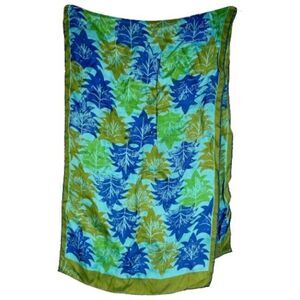 Silk Scarf by VERA Blue Green Botanical Leaf Print Rectangle Hand Rolled Edges